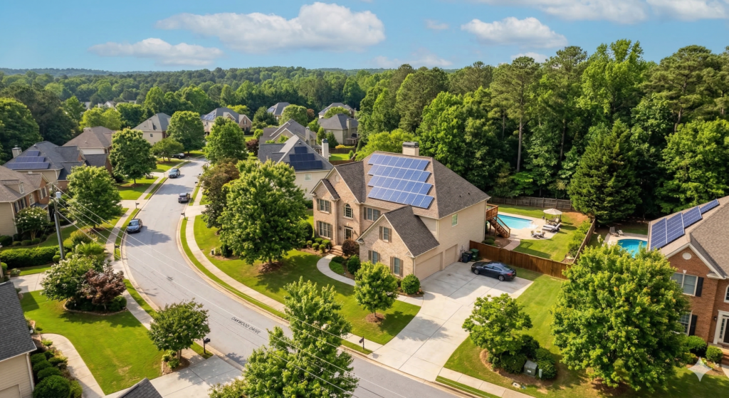 Aerial view of Georgia neighborhood with solar panels on homes