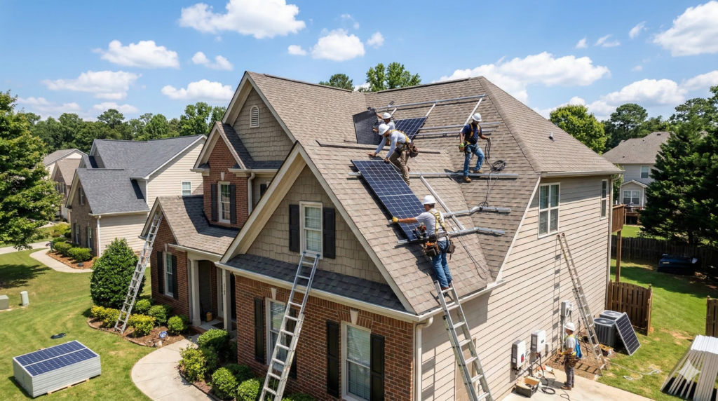 Solar installation crew working on rooftop panels on a Georgia home