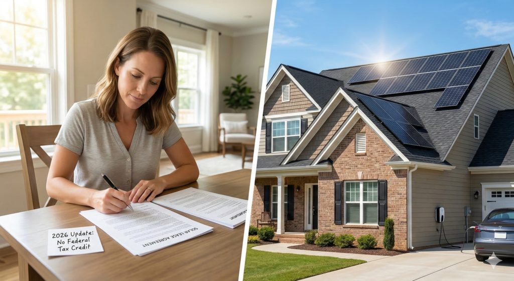 Homeowner comparing solar lease and purchase options at kitchen table