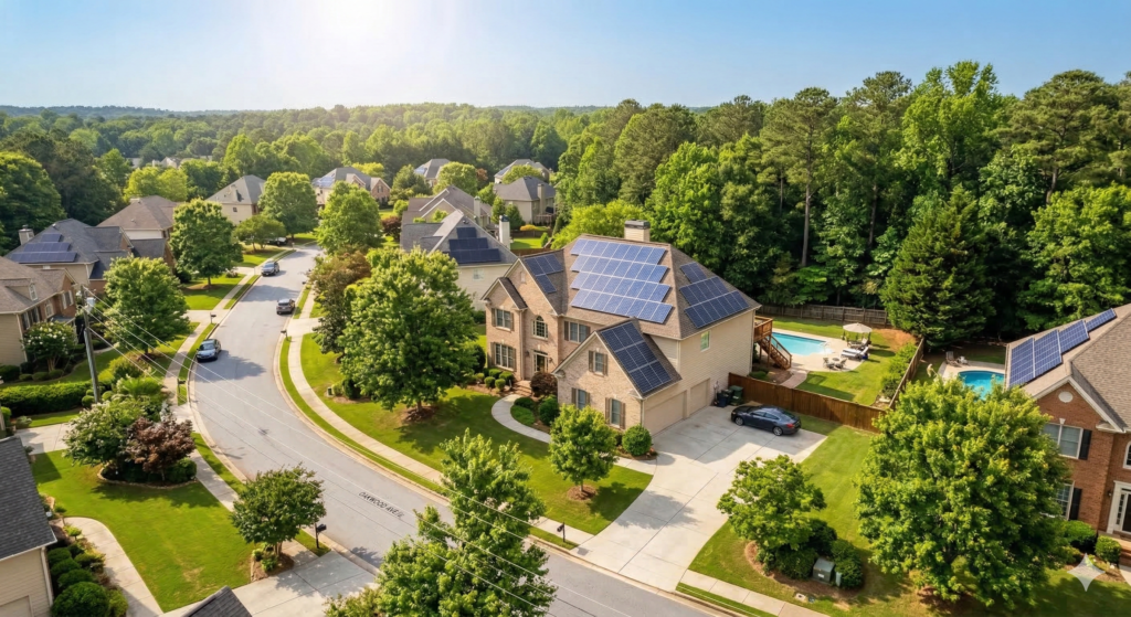 Aerial view of Georgia home with full solar panel roof installation