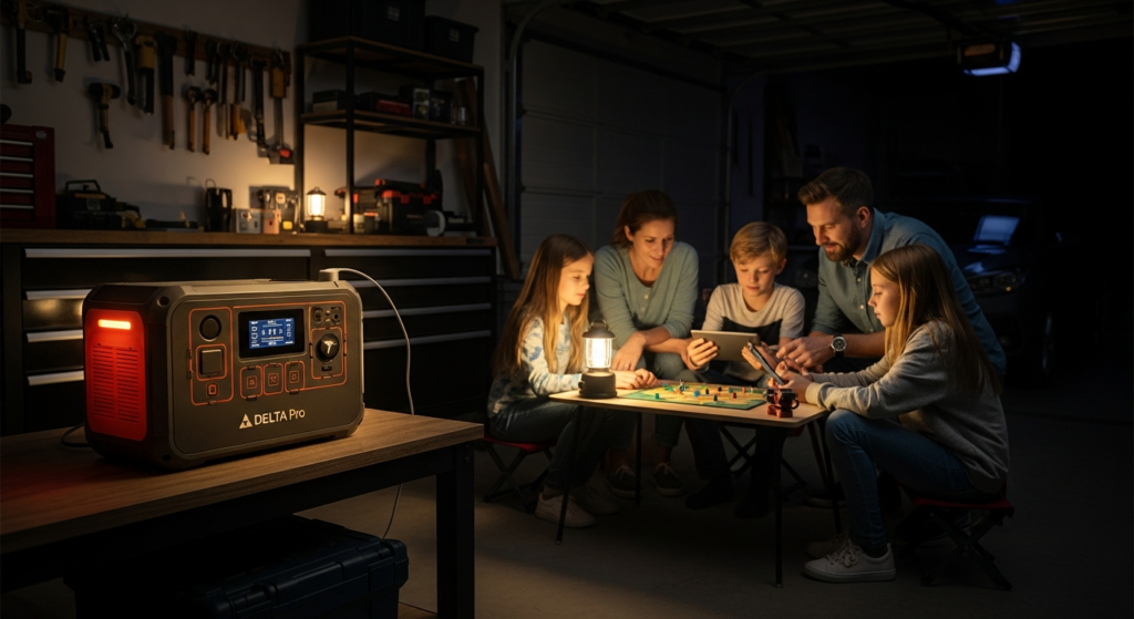 EcoFlow DELTA Pro power station providing backup power during outage