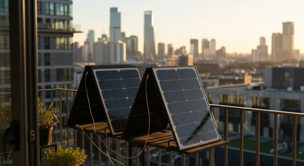 Foldable solar panels on apartment balcony with city view
