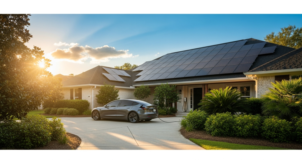 Solar panels on suburban home with electric vehicle in driveway